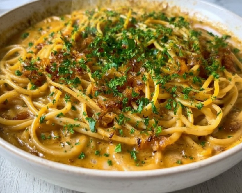 Easy Caramelized Onion Garlic Spaghetti Quick Dinner serving